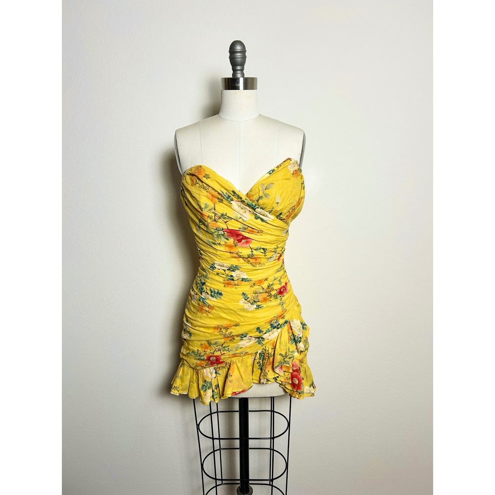 Lovers + Friends Casey Dress Spring Blossom Yellow Floral Strapless Ruffle Mini